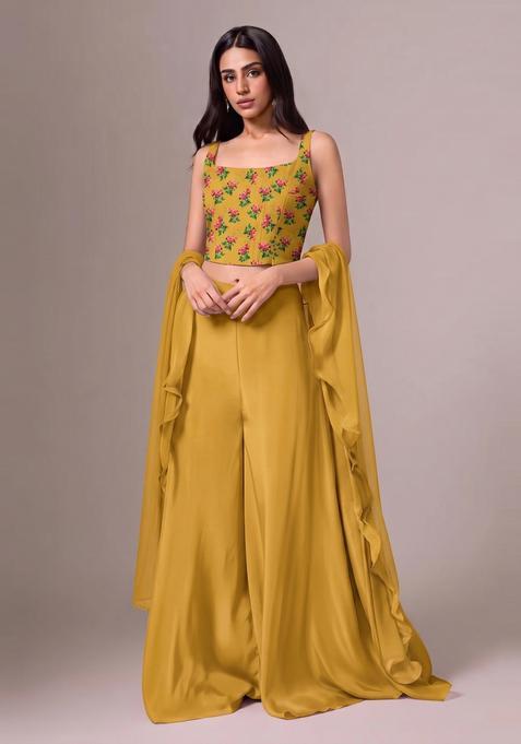 Mustard Floral Print Silk Fusion Set
