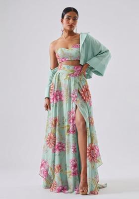 Mint Green Embroidered Organza Fusion Set