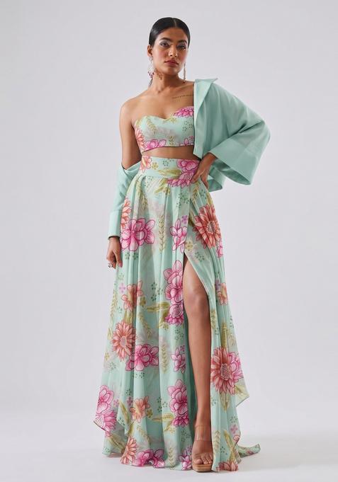 Mint Green Embroidered Organza Fusion Set