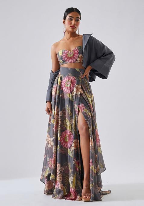 Slate Grey Embroidered Organza Fusion Set