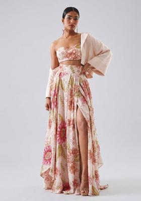 Soft Peach Embroidered Organza Fusion Set