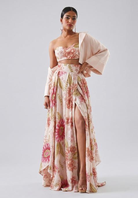 Soft Peach Embroidered Organza Fusion Set
