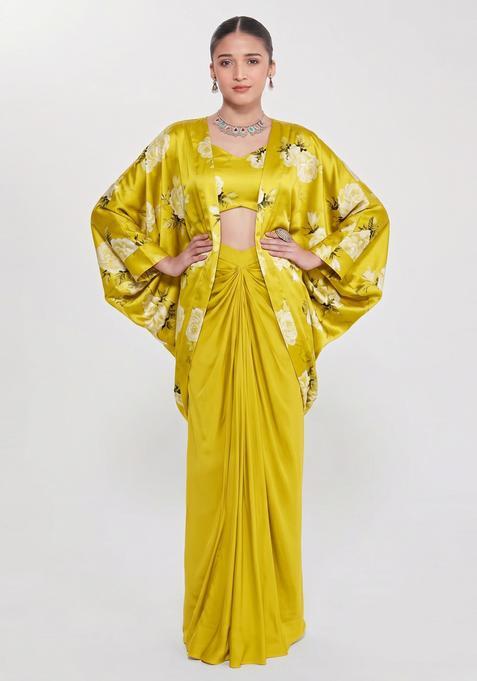Lime Green Floral Print Satin Fusion Set