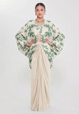 Ivory Beige Floral Print Satin Fusion Set