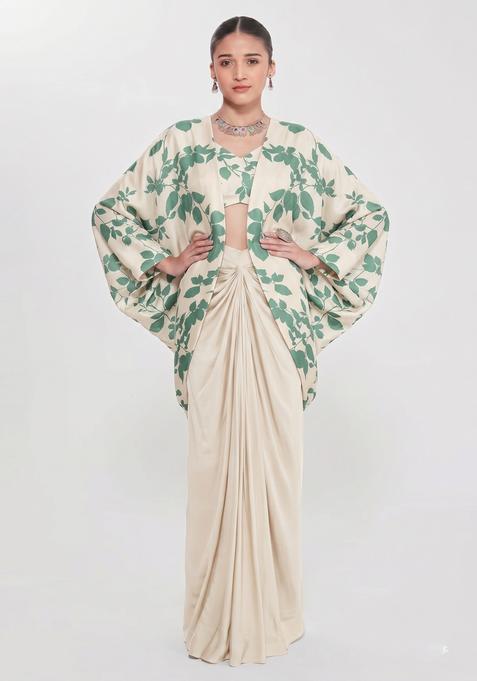 Ivory Beige Floral Print Satin Fusion Set