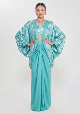 Sky Blue Floral Print Satin Fusion Set