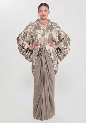 Slate Grey Floral Print Satin Fusion Set