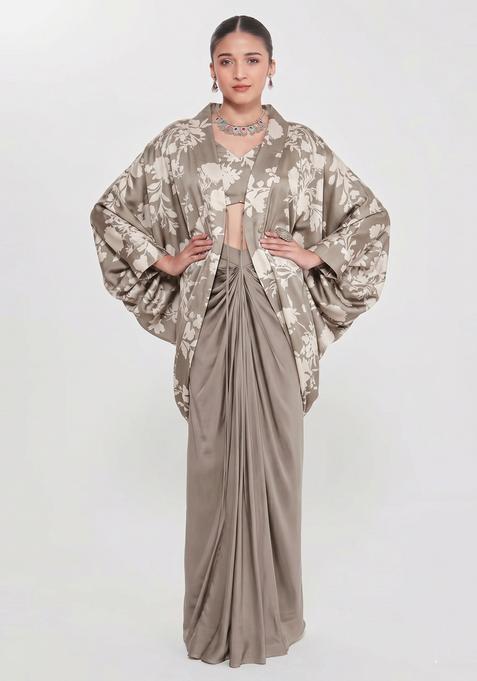 Slate Grey Floral Print Satin Fusion Set
