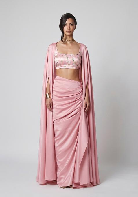 Pastel Pink Floral Print Satin Fusion Set