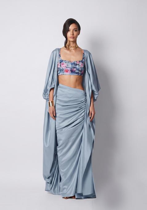 Slate Blue Floral Print Satin Fusion Set