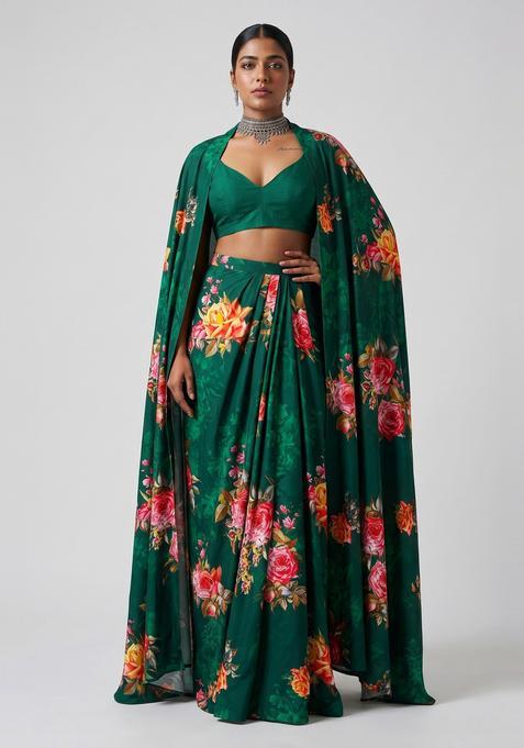 Emerald Green Floral Print Satin Fusion Set