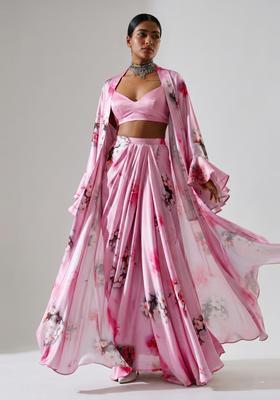 Pink Floral Print Satin Fusion Set