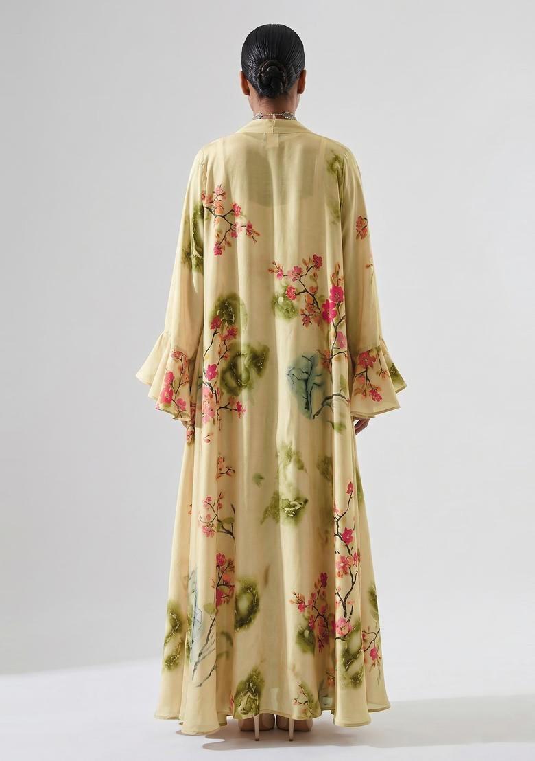 Cream Beige Floral Print Satin Fusion Set - Indya