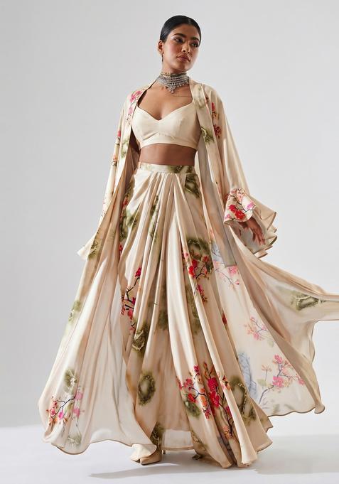 Cream Beige Floral Print Satin Fusion Set