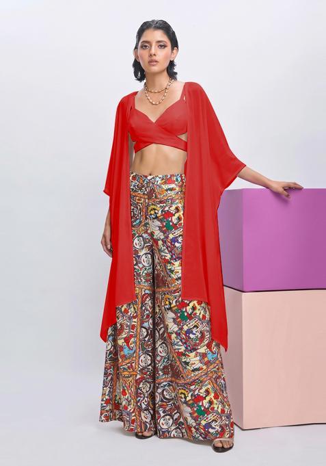 White Figure Print Satin Fusion Set