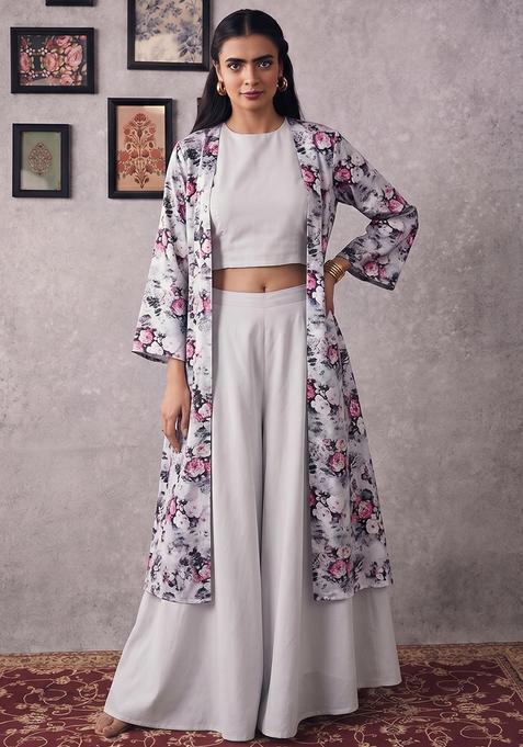 Light Grey Printed Crepe Fusion Set