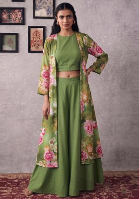 Olive Green Printed Poly Blend Fusion Set