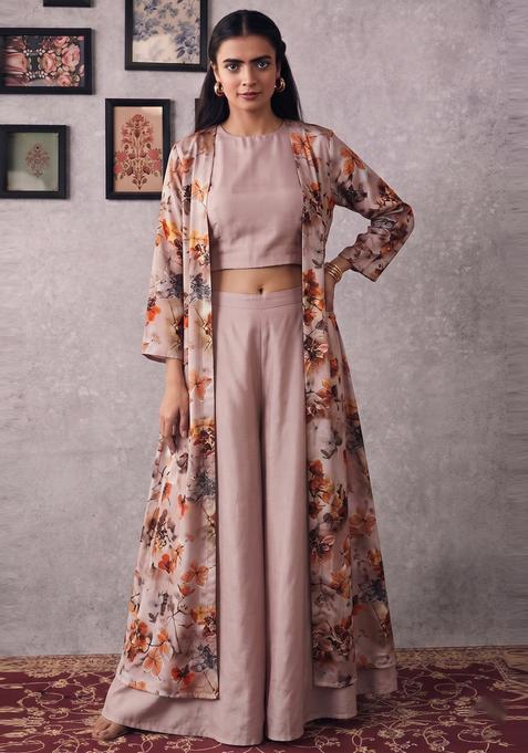 Light Beige Printed Crepe Fusion Set