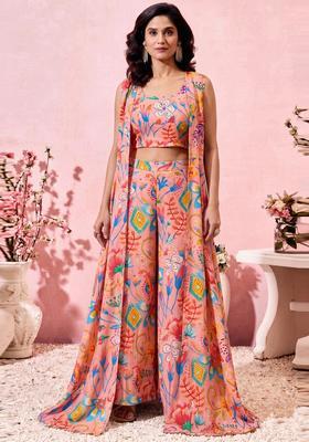 Peach Pink Printed Crepe Fusion Set