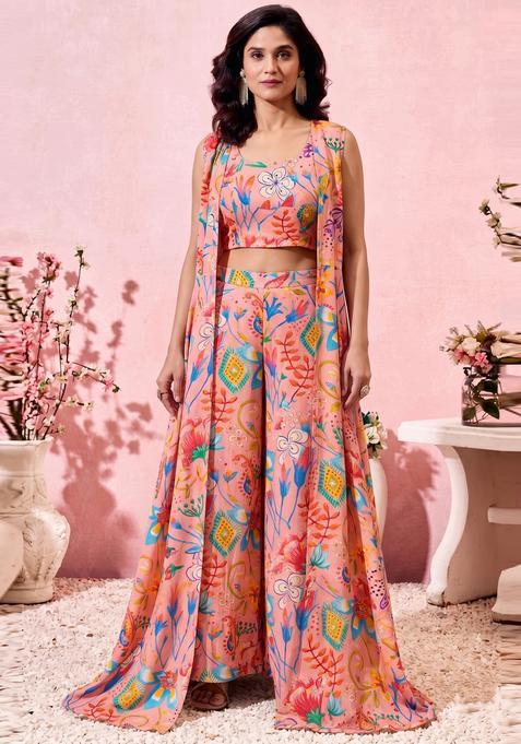 Peach Pink Printed Crepe Fusion Set
