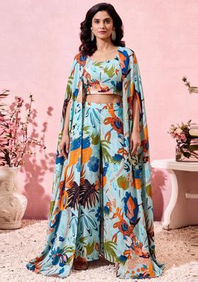 Sky Blue Printed Crepe Fusion Set
