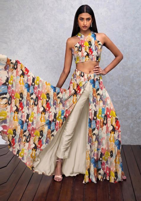Multicolor Printed Satin Fusion Set