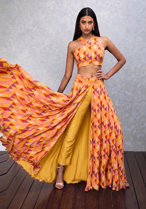 Mustard Yellow Printed Satin Fusion Set