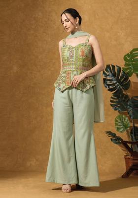 Light Green Printed Chinon Fusion Set