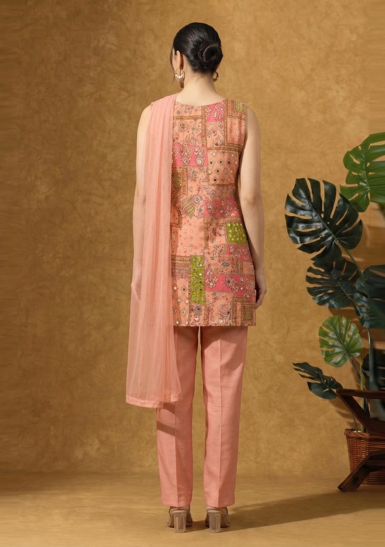 Peach Printed Chinon Kurta Set - Indya