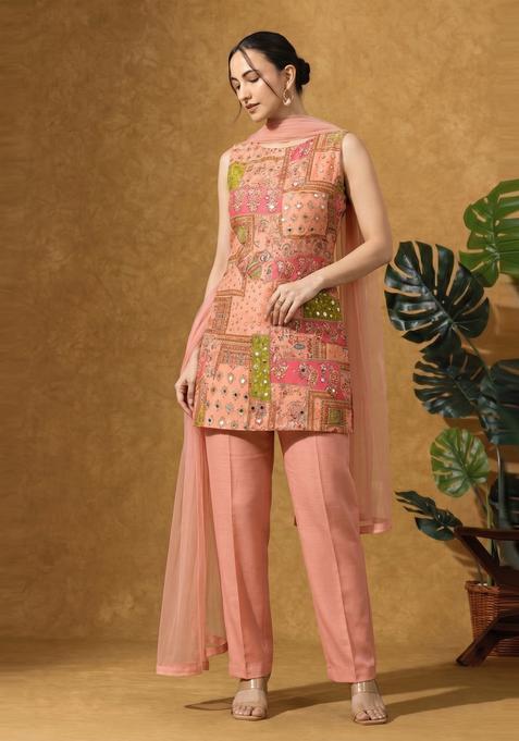 Peach Printed Chinon Kurta Set
