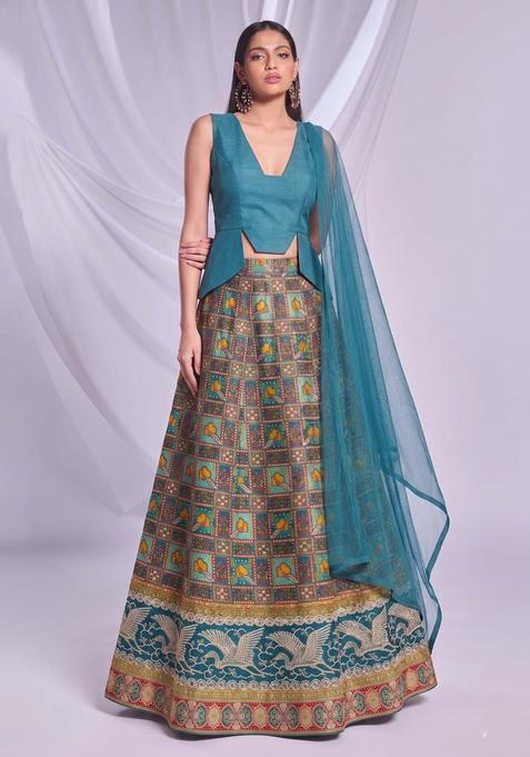 Teal Blue Printed Silk Lehenga Set
