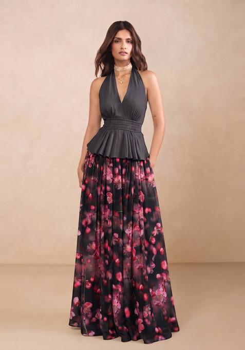 Charcoal Grey Floral Print Georgette Fusion Set