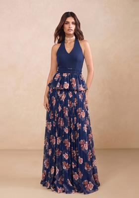 Dark Blue Floral Print Georgette Fusion Set