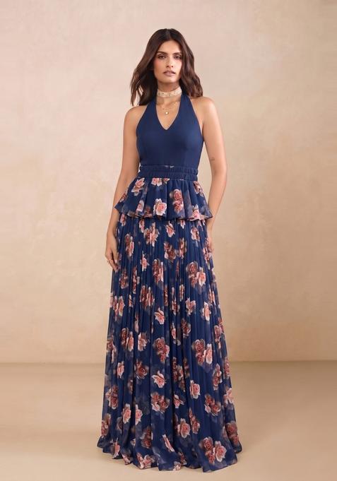 Dark Blue Floral Print Georgette Fusion Set