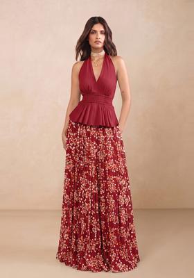 Deep Maroon Floral Print Georgette Fusion Set