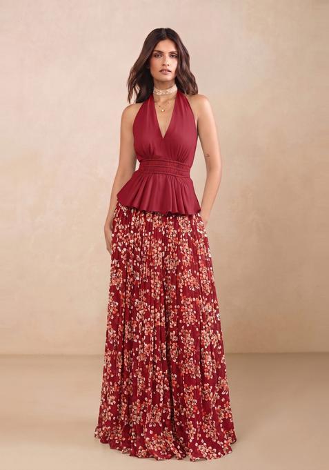 Deep Maroon Floral Print Georgette Fusion Set