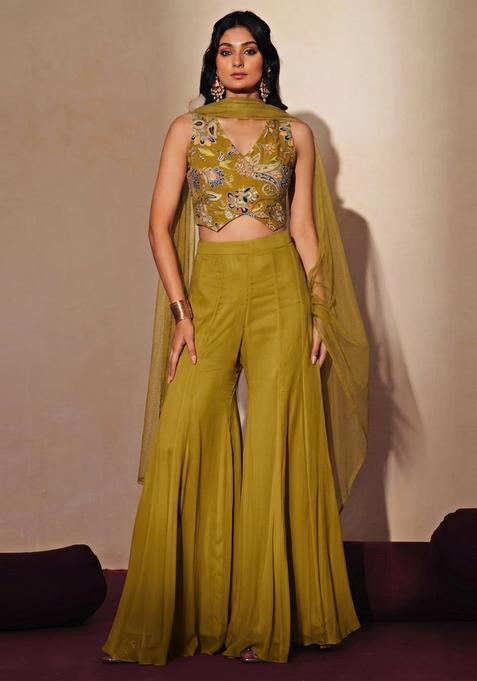 Olive Green Embellished Crepe Fusion Set