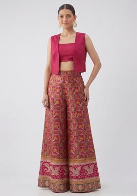 Magenta Pink Printed Silk Fusion Set