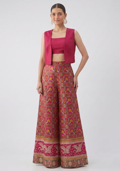 Magenta Pink Printed Silk Fusion Set
