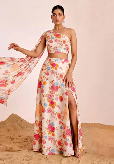Multi Floral Print Georgette Fusion Set