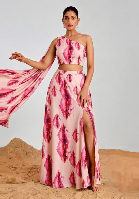 Pastel Pink Abstract Print Georgette Fusion Set