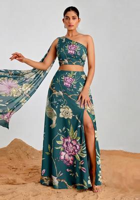 Deep Teal Floral Print Georgette Fusion Set