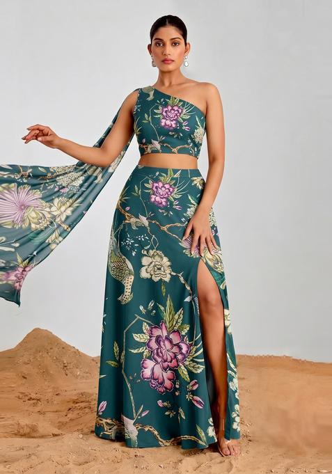 Deep Teal Floral Print Georgette Fusion Set