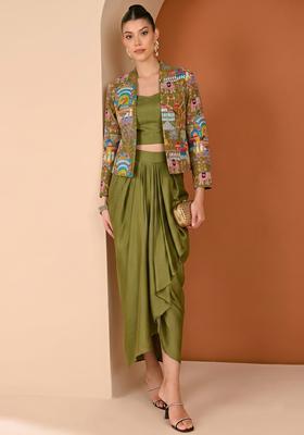 Olive Figure Print Crepe Fusion Set