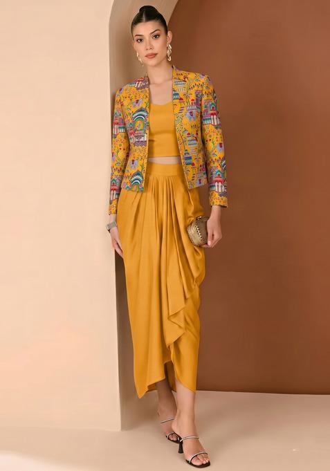 Mustard Figure Print Crepe Fusion Set