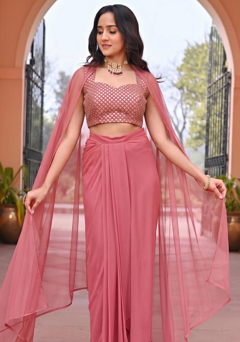 Dusty Pink Mirror Work Poly Blend Fusion Set - Indya