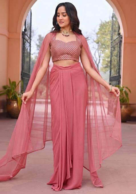 Dusty Pink Mirror Work Pre Draped Saree Set