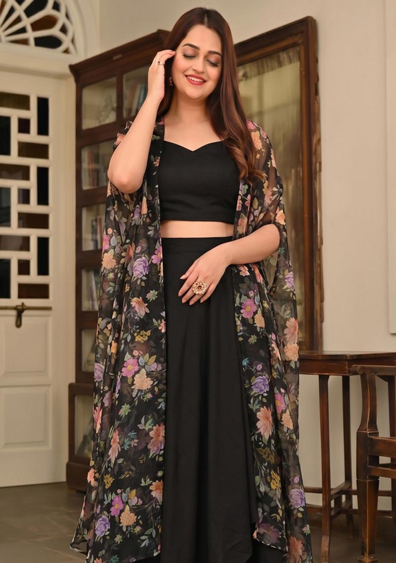 Black Printed Silk Fusion Set - Indya