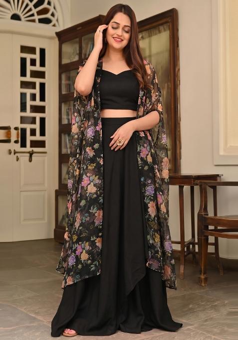 Black Floral Print Silk Fusion Set