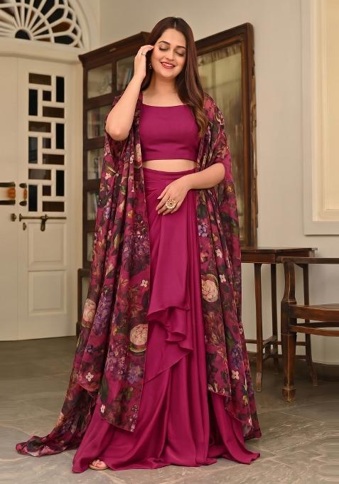 Magenta Printed Silk Fusion Set